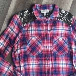 Express boyfriend plaid sequence button down Sm